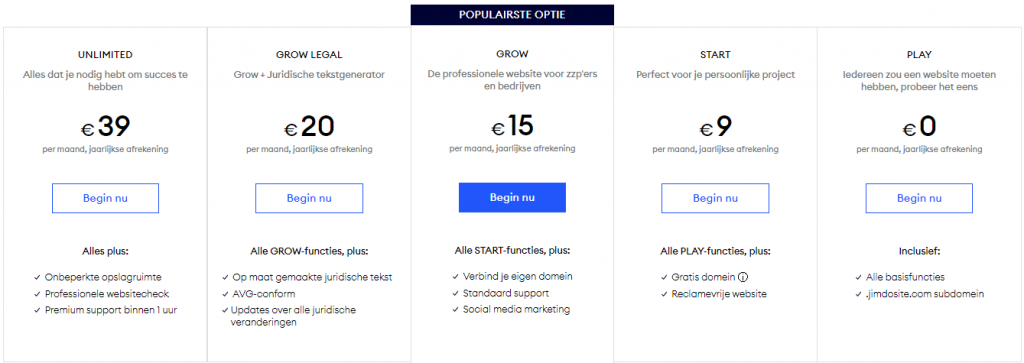 jimdo prijzen en pakketten