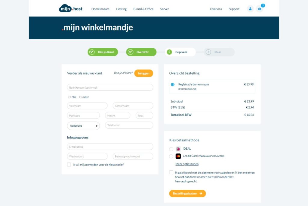 winkelmandje afrekenen mijn.host