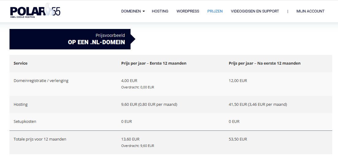 Prijsoverzicht van webhosting bij Polar55. Hosting + domeinnaam na het eerste jaar €53,-